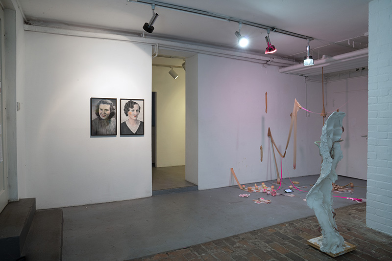 "Sabrina Jung, Women" (left), next to a work by Elisa Duca and a work by Juliana Cerqueira Leite & Zoë Claire Miller, The female Gaze, HAL Berlin, 2018 ©Boris Krajl